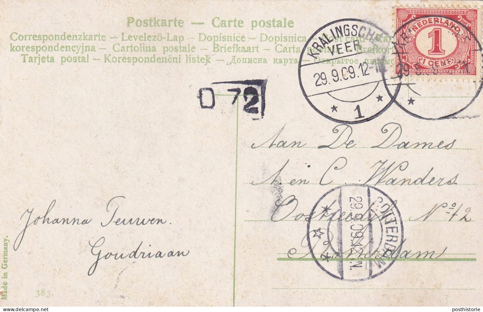 Ansicht 29 Sep 1909 Kralingsche Veer *1* (langebalk) - Postal History