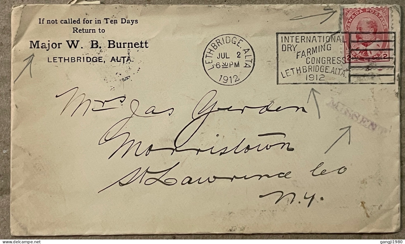 CANADA 1912, ADVERTISING COVER, MISSENT, SLOGAN, DRY FARMING CONGRESS, MAJOR W.B. BURNETT, PERFORATION SHIFT KING STAMP, - Cartas & Documentos