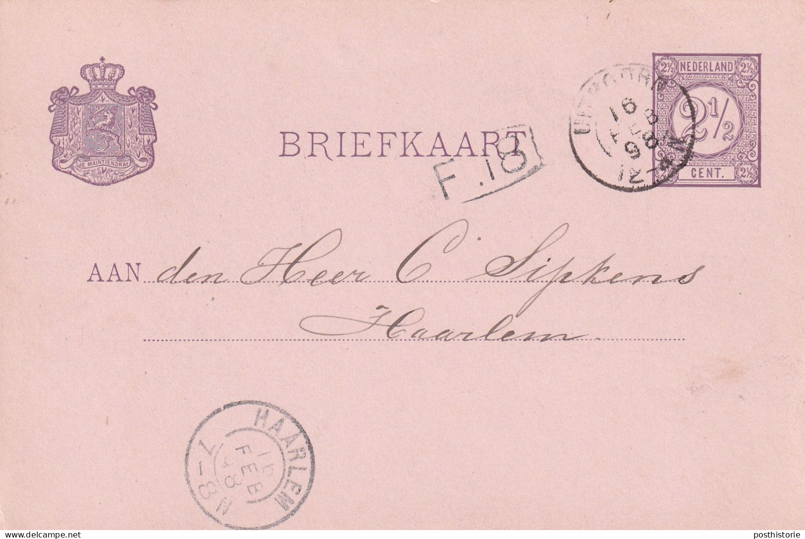 Briefkaart 16 Feb 1898 Uithoorn (hulpkantoor Kleinrond) Naar Haarlem - Storia Postale