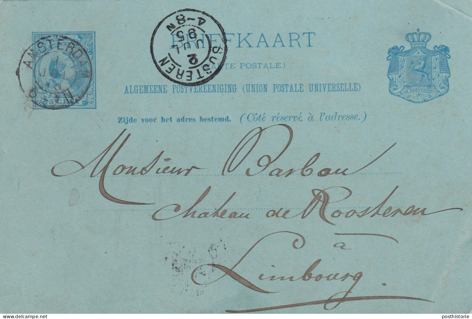 Briefkaart 1 Jul 1895 Amsterdam Naar Susteren (hulpkantoor Kleinrond) Chateau Roosteren - Postal History