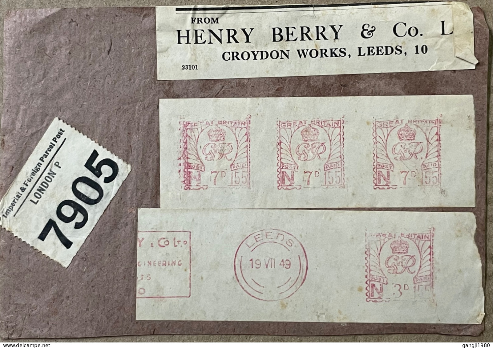 GREAT BRITAIN 1949, COVER FRONT ONLY, CUT OUT IMPERIAL & FOREIGN PARCEL POST, ADVERTISING, HENRY DERRY & CO. METER STICK - Lettres & Documents