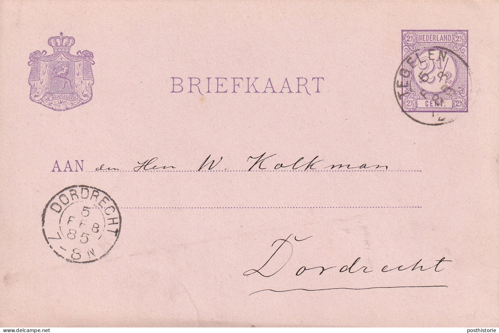 Briefkaart 5 Feb 1885 Tegelen (hulpkantoor Kleinrond) Naar Dordrecht - Marcophilie