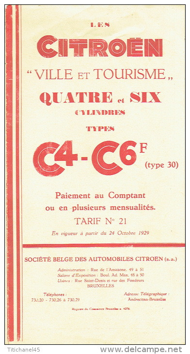 Tarif N°21a  De 1929 Voitures De Tourisme Quatre Et Six Cylindres C4-C6 CITROËN - Coches