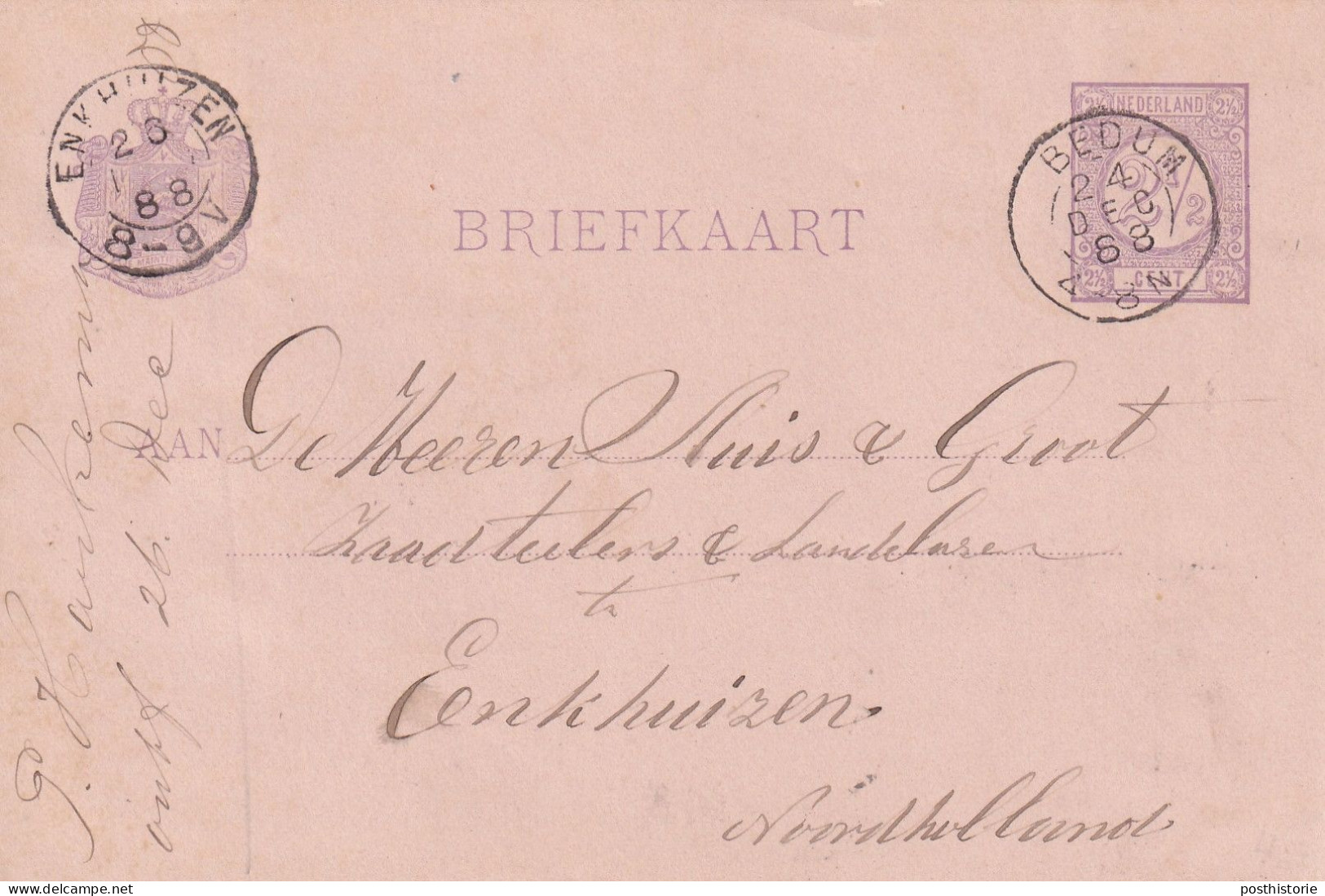 Briefkaart 24 Dec 1888 Bedum (hulpkantoor Kleinrond) Naar Enkhuizen (26 Dec (2e Kerstdag)) - Marcophilie