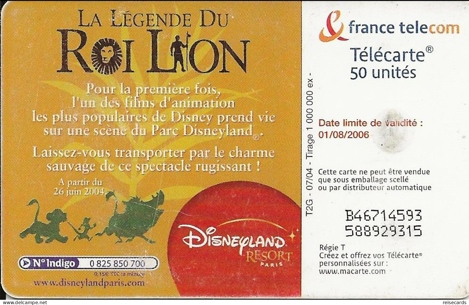 France: France Telecom 07/04 F1335A Disney, Le Roi Lion - 2004