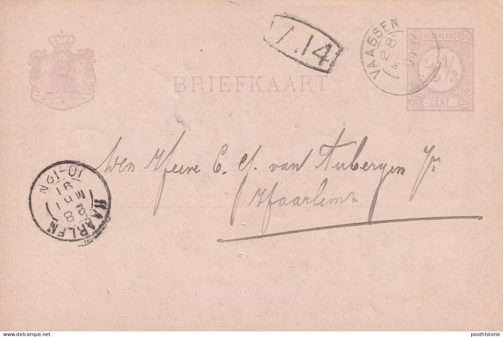 Briefkaart 28 Mrt 1891 Vaassen (hulpkantoor Kleinrond) Naar Haarlem - Poststempels/ Marcofilie