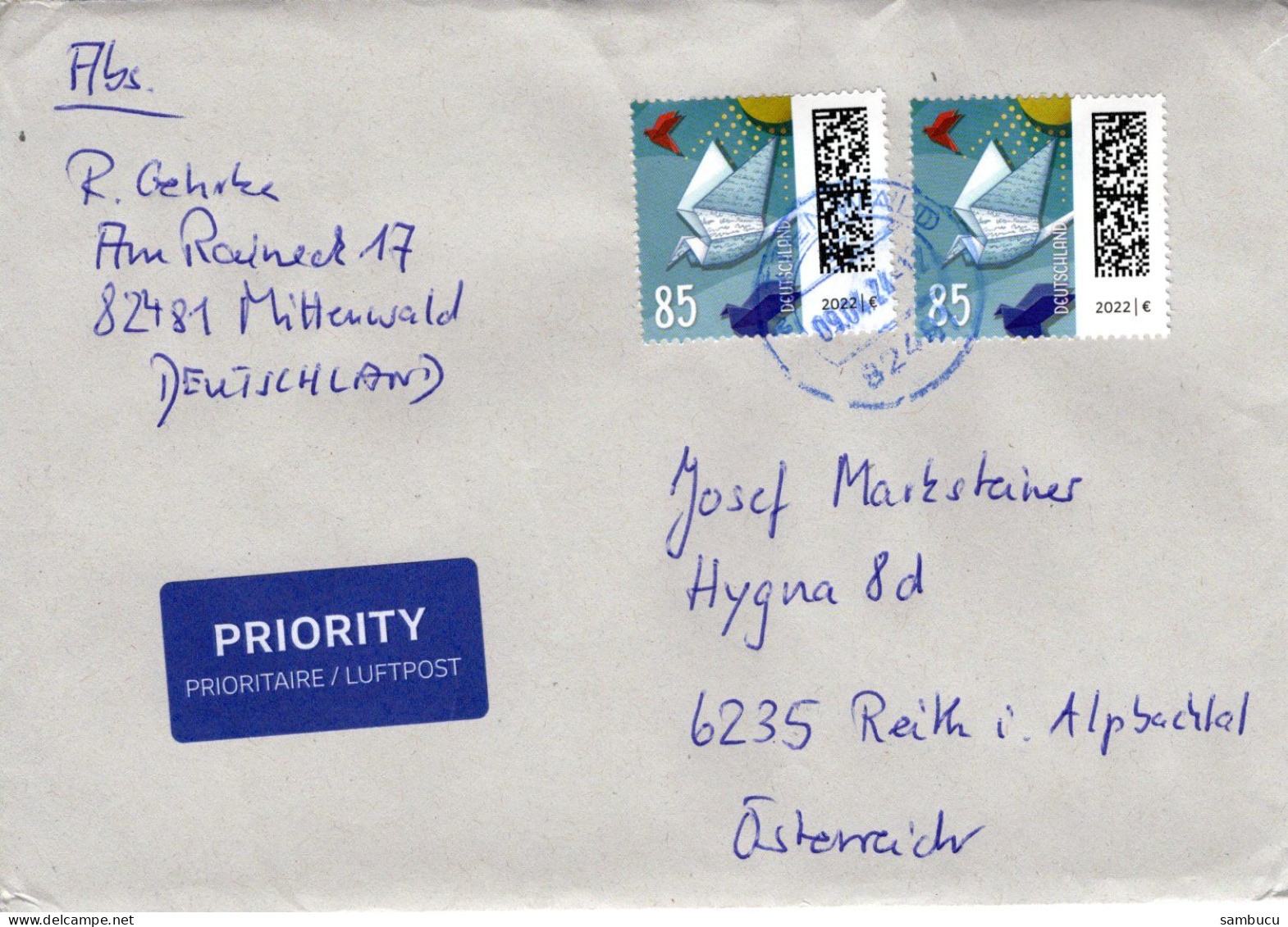Auslandsbrief Von 82481 Mittenwald Mit 2 X 85 Cent Brieftaube 2024 - Covers & Documents