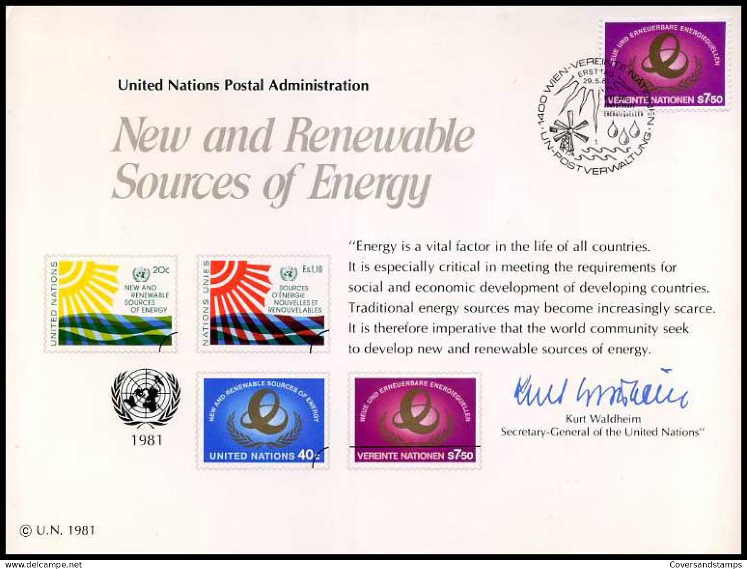 Verenigde Naties  - Herdenkingskaart -  New And Renewable Sources Of Energy                         - Autres & Non Classés