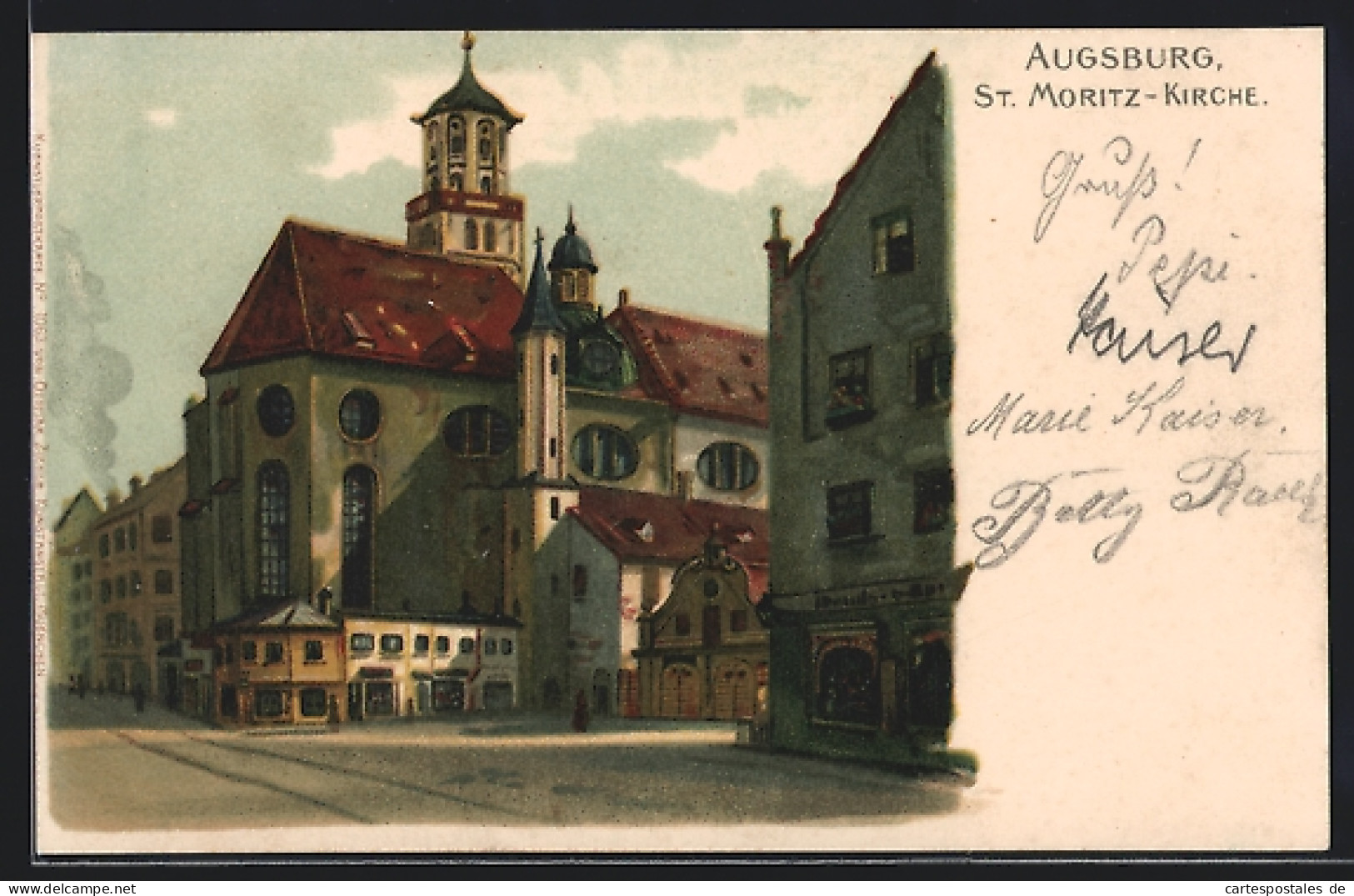 Lithographie Augsburg, Strassenpartie Mit St. Moritz-Kirche  - Augsburg
