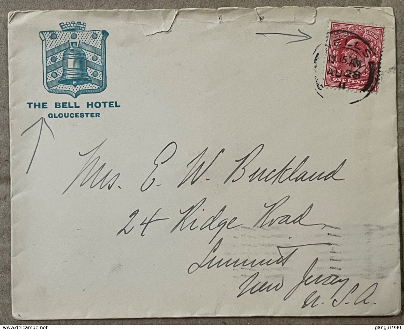 GREAT BRITAIN 1911, ADVERTISING THE BELL HOTEL GLOUCESTER, EDWARD STAMP, COVER USED TO USA, WELLS & SUMMIT CITY CANCEL. - Storia Postale