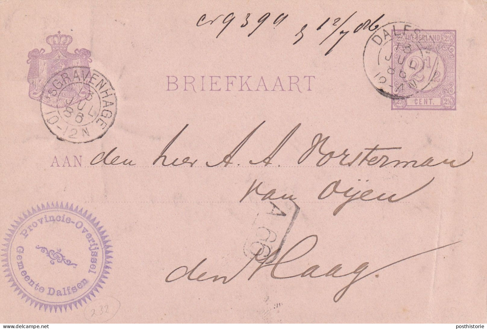 Briefkaart 13 Jul 1886 Dalfsen (hulpkantoor Kleinrond) Naar Heemstede (grootrond) - Poststempel