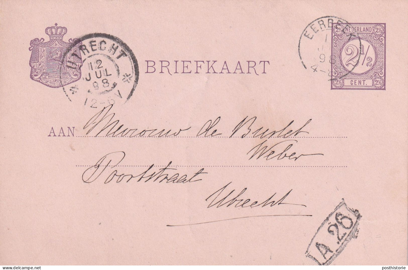 Briefkaart 12 Jul 1898 Eerbeek (hulpkantoor Kleinrond) Naar Utrecht (grootrond) - Poststempels/ Marcofilie