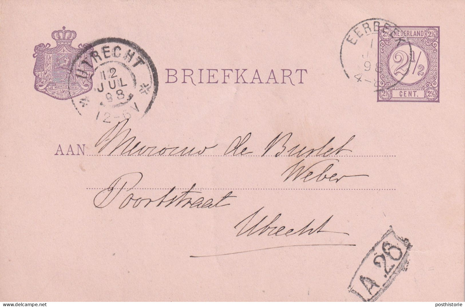 Briefkaart 12 Jul 1898 Eerbeek (hulpkantoor Kleinrond) Naar Utrecht (grootrond) - Marcofilia