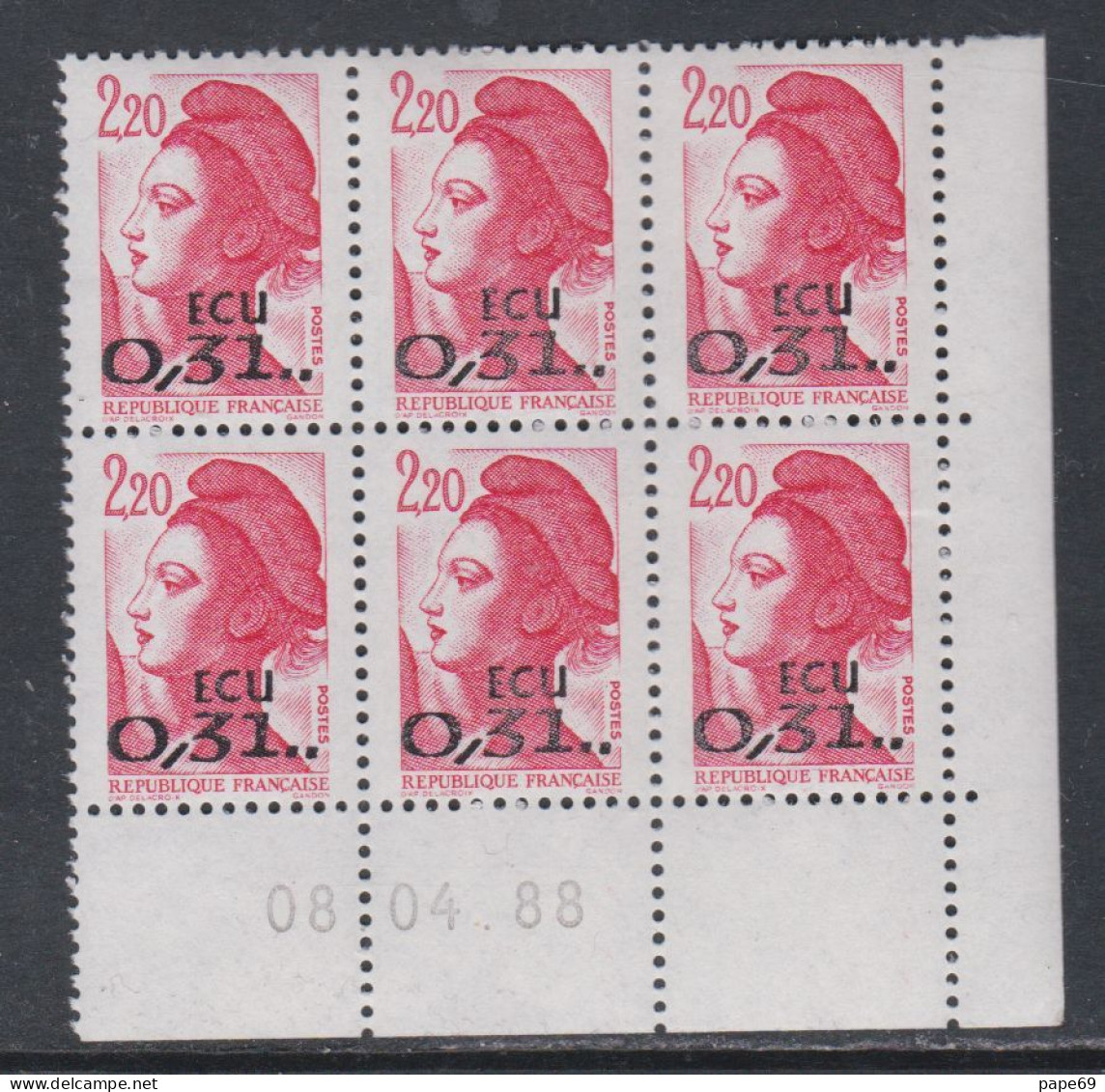 France Type Liberté N° 2350 XX : 0.31 ECU Sur 2 F. 20 Rouge En Bloc De 6 Coin Daté Du 08 . 04 . 88  Sans Charnière TB - 1980-1989