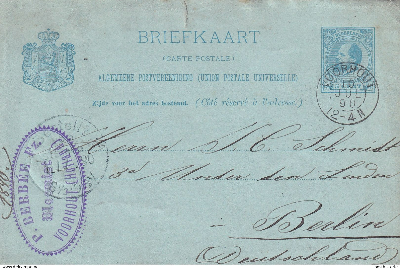 Briefkaart 10 Jul 1890 Voorhout (hulpkantoor Kleinrond) Naar Berlijn - Storia Postale
