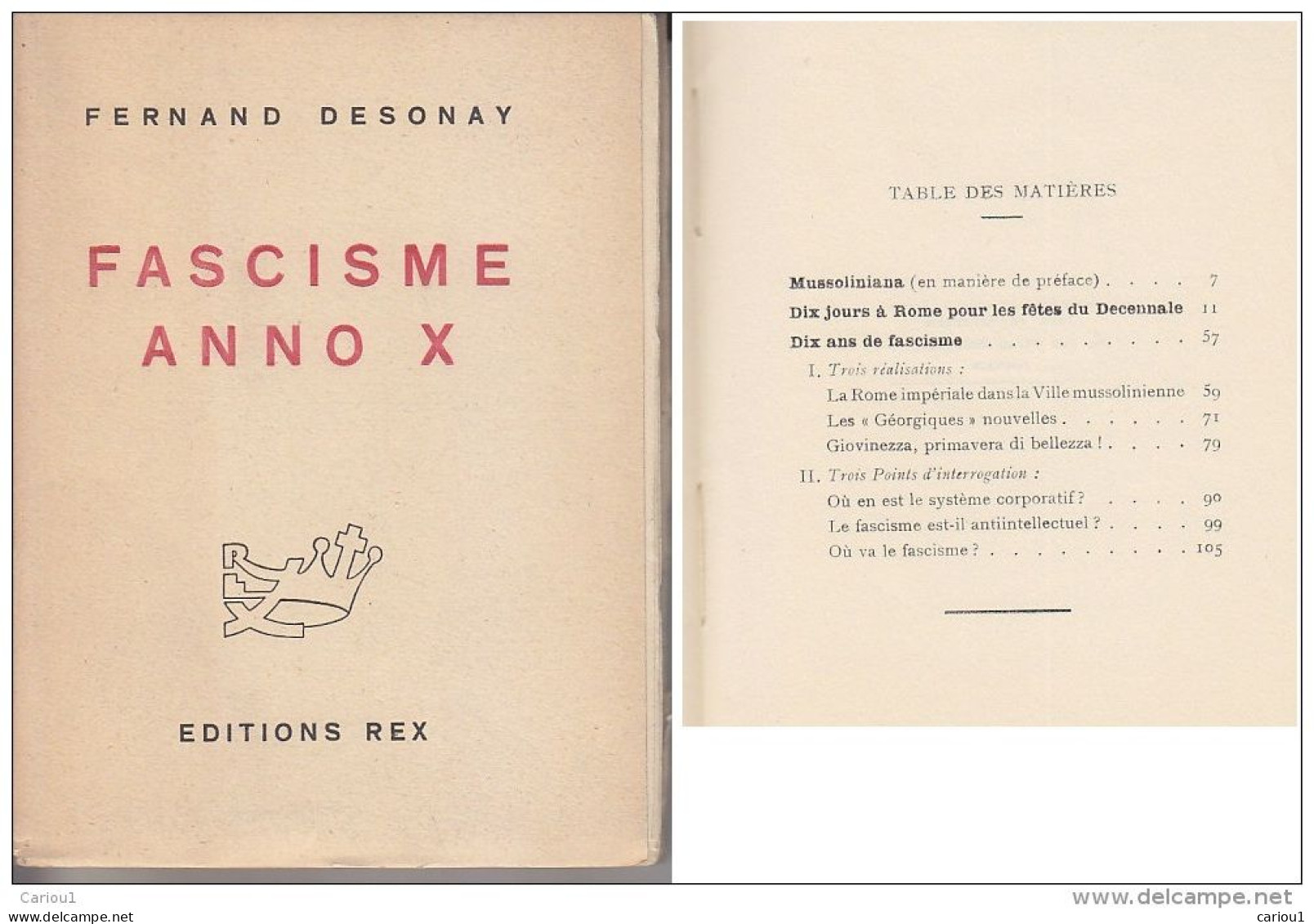 C1 Fernand DESONAY - FACISME ANNO X Editions REX 1932 Italie BELGIQUE Port Inclus France - 1901-1940