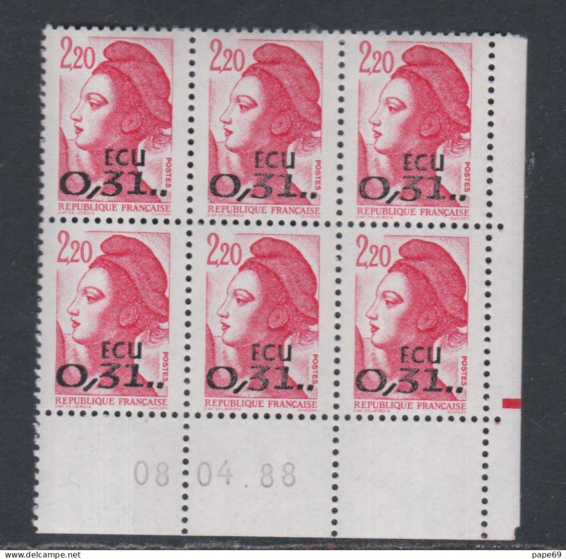 France Type Liberté N° 2350 XX : 0.31 ECU Sur 2 F. 20 Rouge En Bloc De 6 Coin Daté Du 08 . 04 . 88  1 Barre Sans Cha. TB - 1980-1989