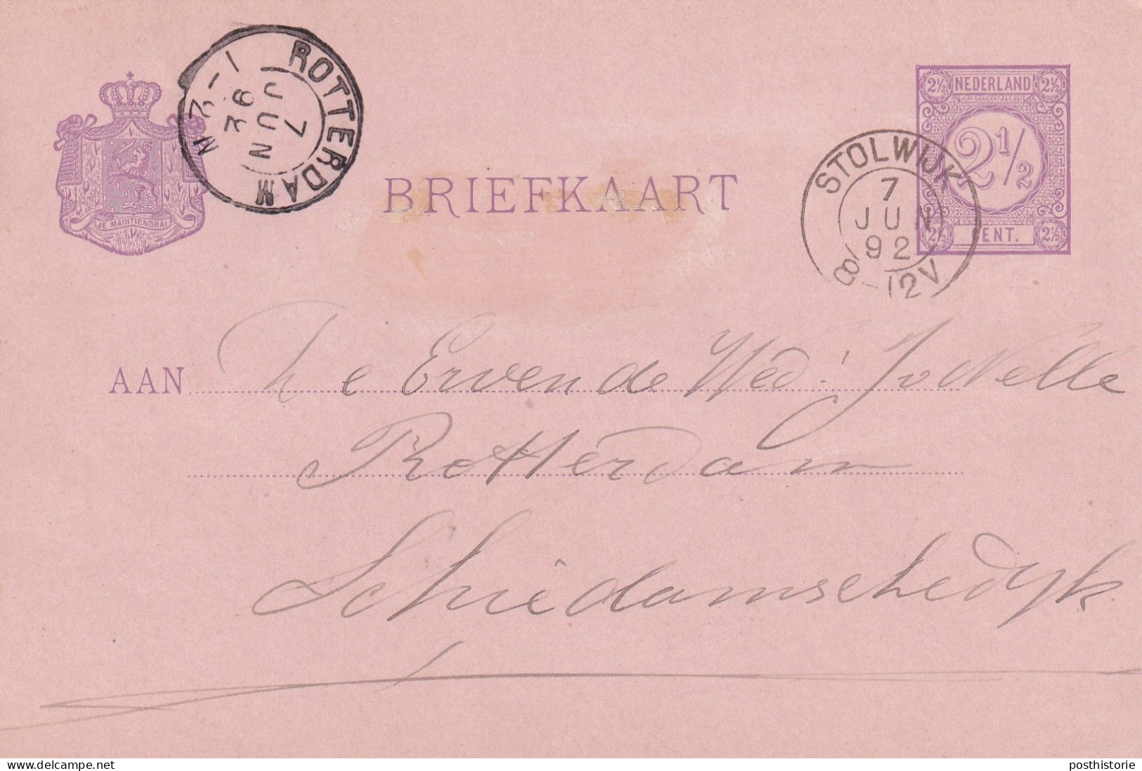 Briefkaart 7 Jun 1892 Stolwijk (hulpkantoor Kleinrond) Naar Rotterdam - Marcophilie