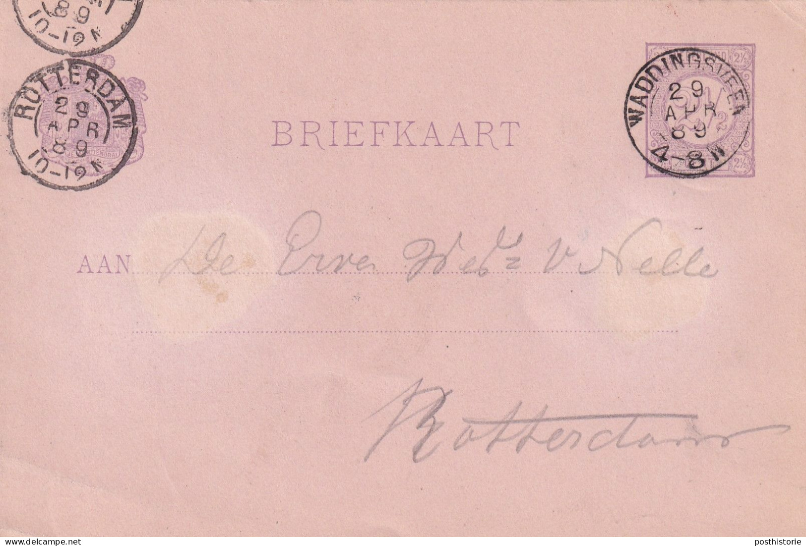 Briefkaart 29 Apr 1889 Waddingsveen (hulpkantoor Kleinrond) Naar Rotterdam - Storia Postale