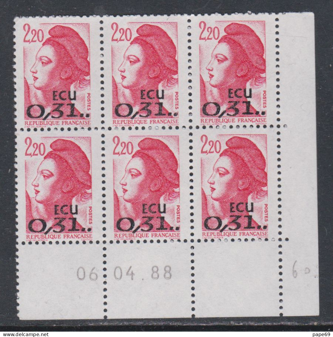 France Type Liberté N° 2350 XX : 0.31 ECU Sur 2 F. 20 Rouge En Bloc De 6 Coin Daté Du 06 . 04 . 88  Sans Charnière, TB - 1980-1989