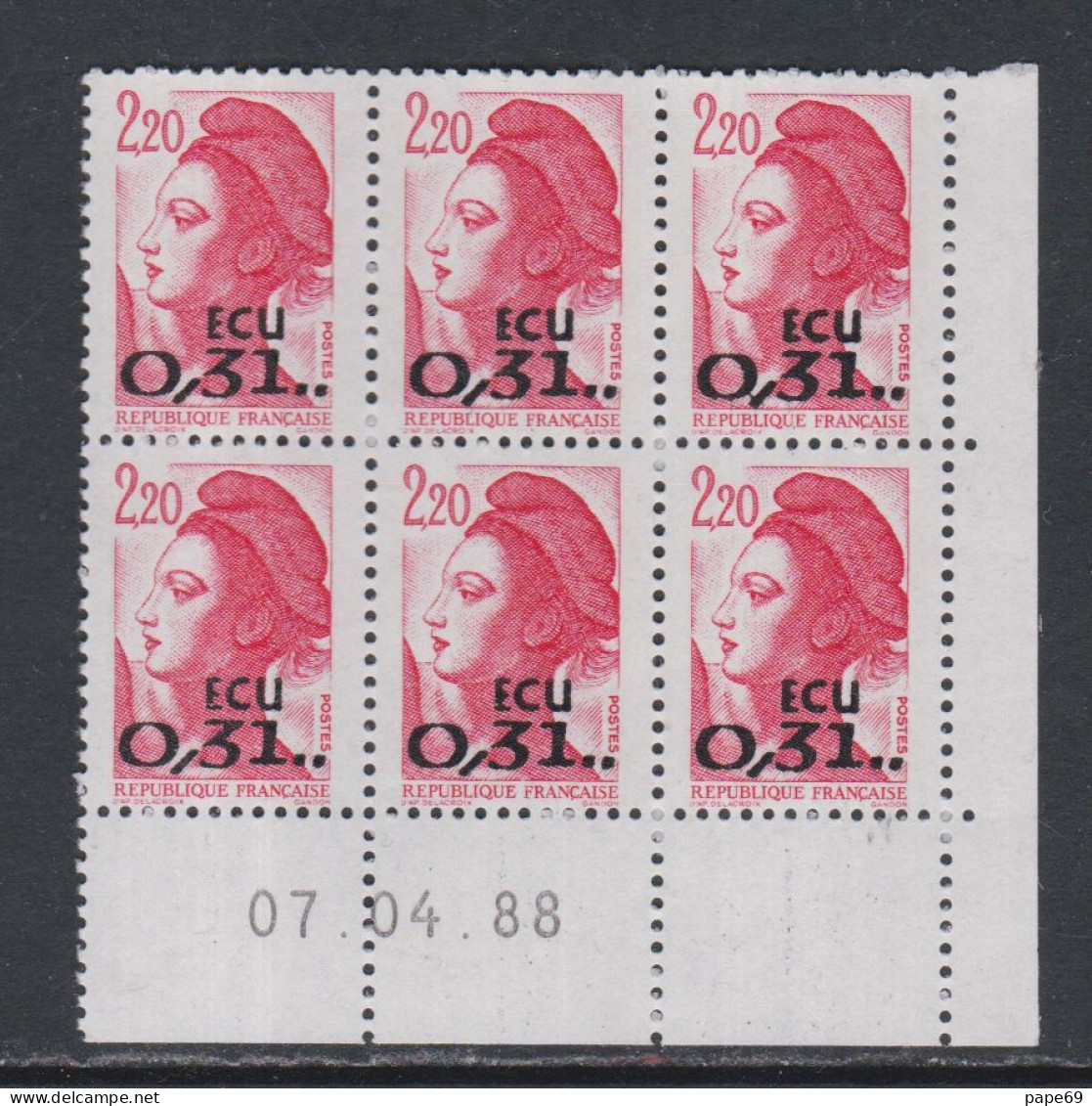 France Type Liberté N° 2350 XX : 0.31 ECU Sur 2 F. 20 Rouge En Bloc De 6 Coin Daté Du 07 . 04 . 88  Sans Charnière, TB - 1980-1989