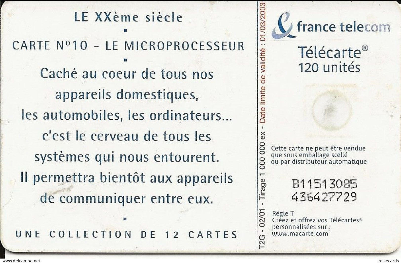 France: France Telecom 02/01 F1128 Le XXème Siècle - Le Microprocesseur - 2001