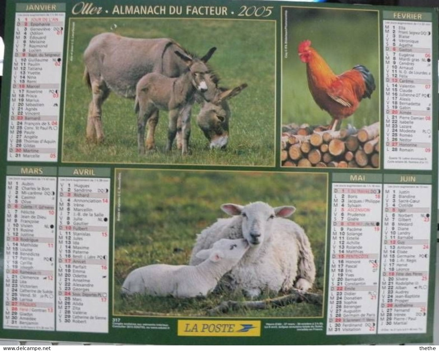 FRANCE - Almanach Du Facteur 2005 - Ane Et ânon - Coq - Brebis Et Agneau - Poussins - Vache Et Veau - Cochon - Tamaño Grande : 2001-...