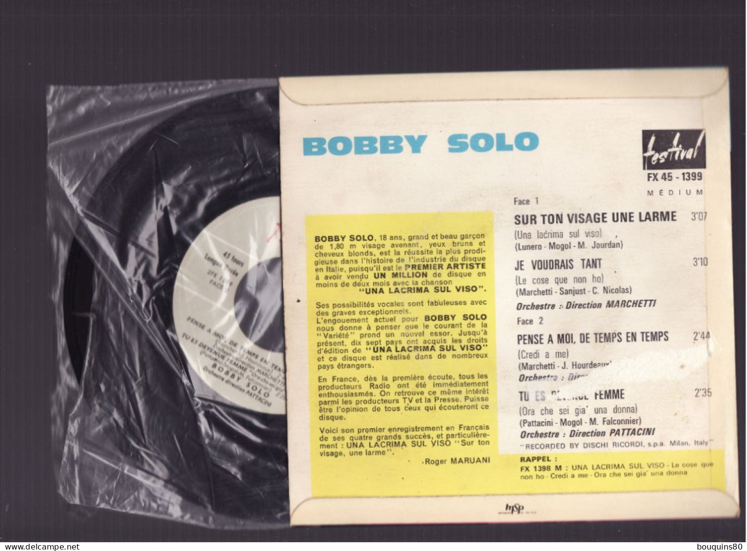 BOBBY SOLO SUR TON VISAGE UNE LARME - Otros - Canción Francesa