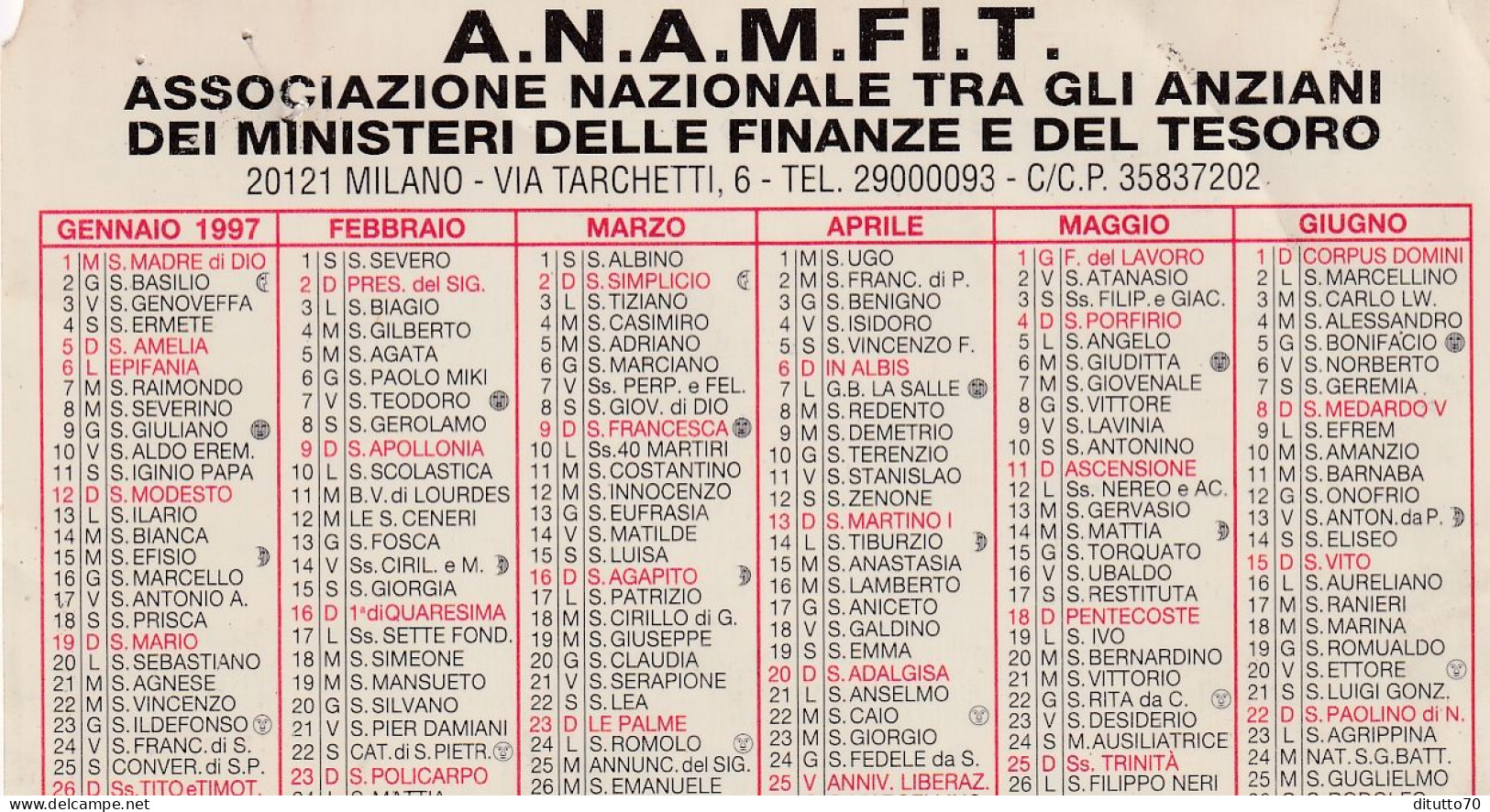 Calendarietto - A.N.A.M.FI.T. - Associazione Nazionale Tra Gli Anziani Dei Ministeri Delle Finanze E Del Tesoro - Milano - Petit Format : 1991-00