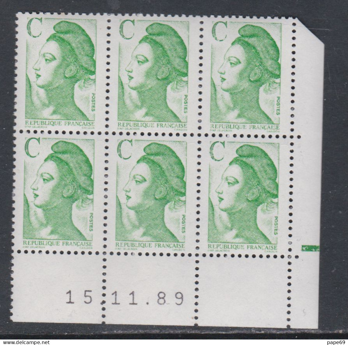 France Type Liberté N° 2615 XX : C Vert En Bloc De 6 Coin Daté Du 15 . 11 . 89 ; 1 Barre  ;  Sans Charnière TB - 1980-1989