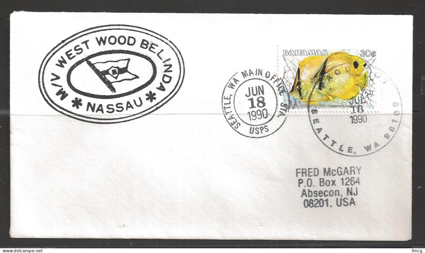 1990 Paquebot Cover, Bahamas Fish Stamp Mailed In Seattle, Washington - Bahamas (1973-...)