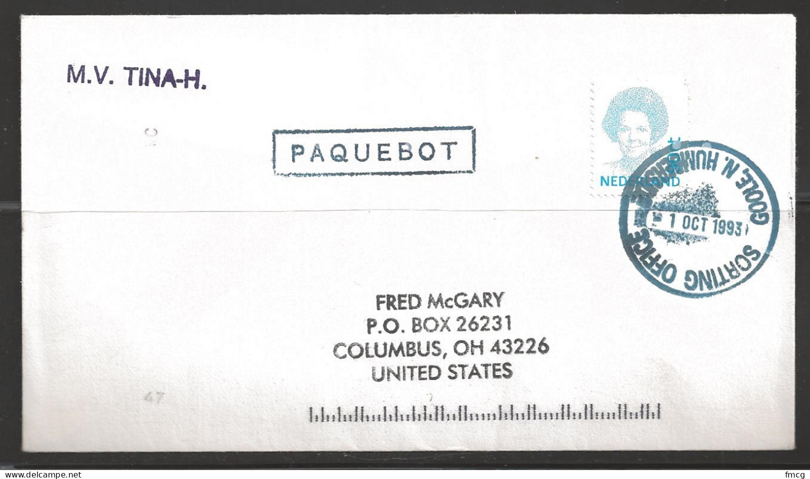 1993 Paquebot Cover, Netherlands Stamp Mailed In Goole, North Humerside, UK - Cartas & Documentos