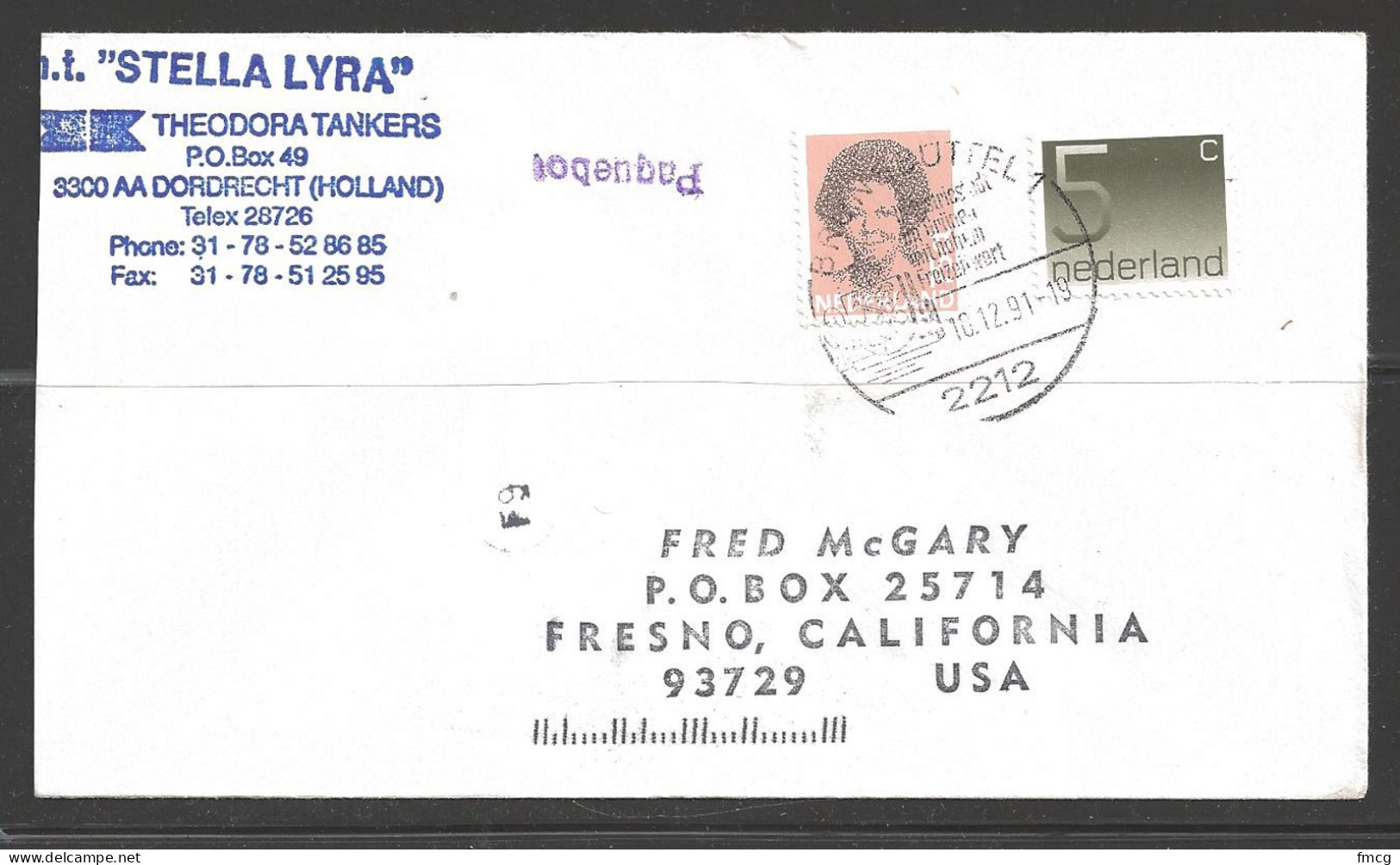 1991 Paquebot Cover, Netherlands Stamp Mailed In Brunsbuttel, Germany - Covers & Documents