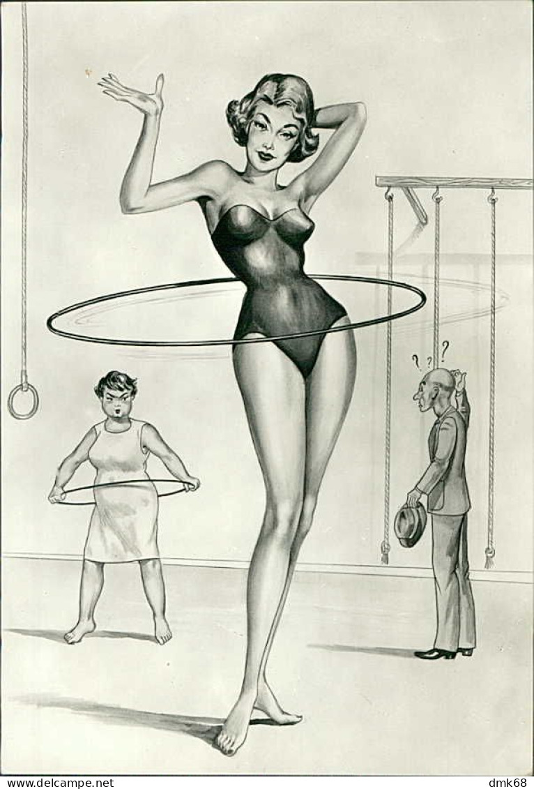 PIN-UP RISQUE BEAUTY HULA HOOP - HUMORISTIC POSTCARD -  1950s  (TEM457) - Pin-Ups