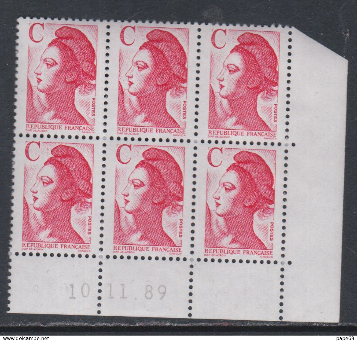 France Type Liberté N° 2616 XX : C Rouge En Bloc De 6 Coin Daté Du 10 . 11 . 89 ; Sans Trait  ;  Sans Charnière TB - 1980-1989