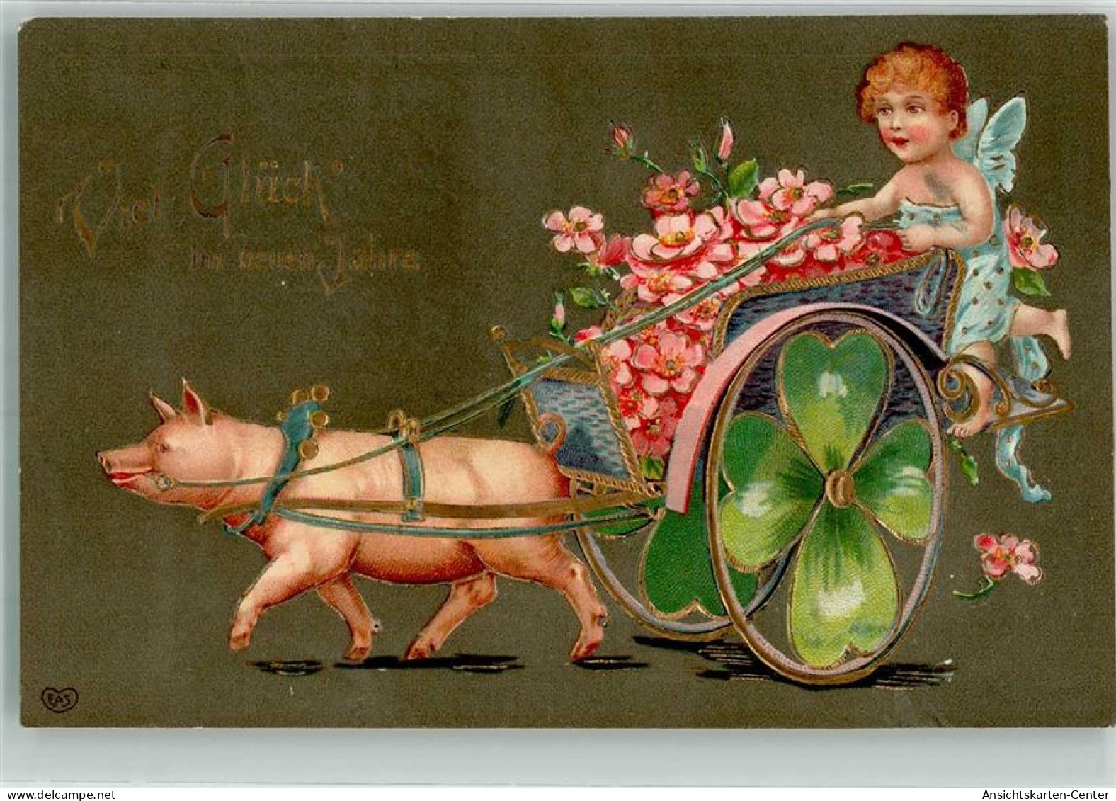 13969302 - Blumenwagen Mit Einem Engel Ziehen  Blueten Neujahr Verlag EAS - Pigs