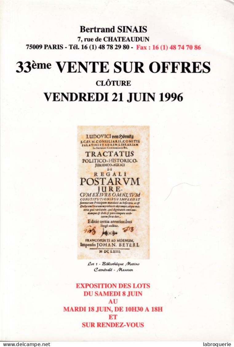 LIT - VO - SINAIS - Vente N° 33 - Carnévalé-Mauzan - Catalogues De Maisons De Vente