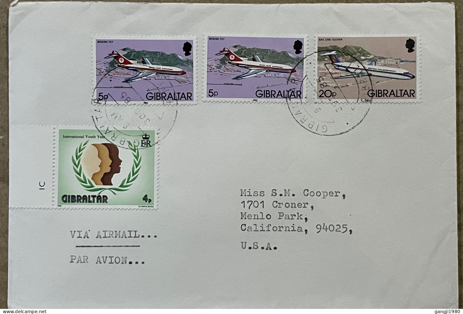 GIBRALTAR 1985, COVER USED TO USA, AIRPLANE, YOUTH YEAR, 4 STAMP, GIBRALTAR CITY CANCEL. - Gibilterra