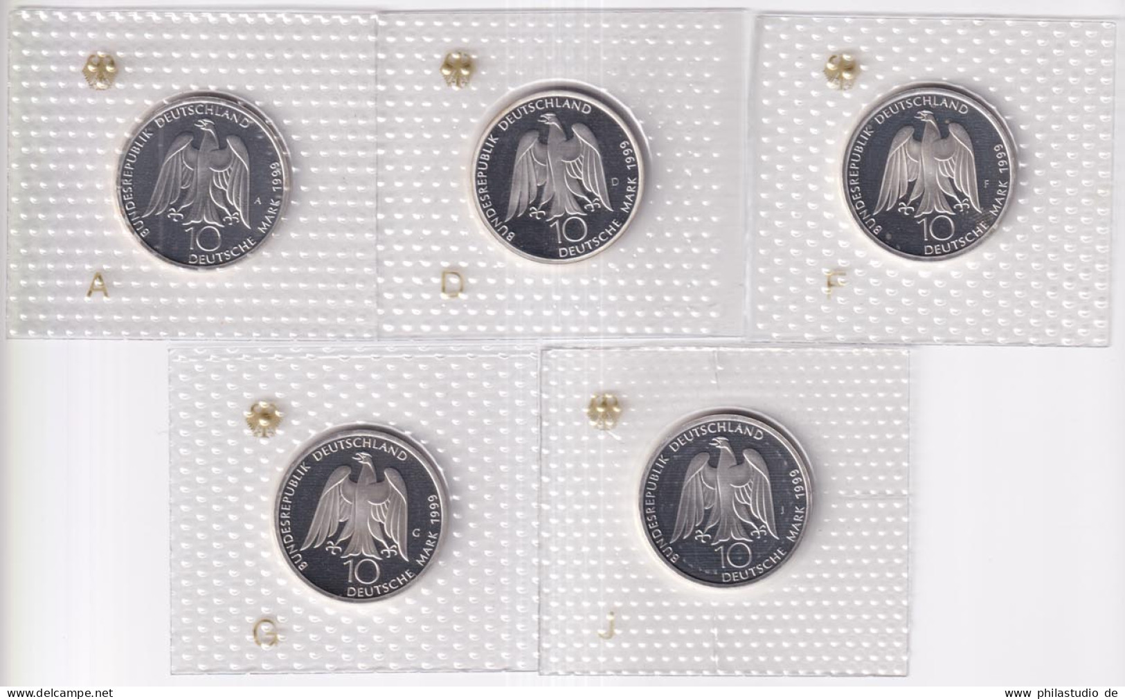 5 Silbermünzen 10 DM 1999 Goethe Weimar Prägeanstalten A, D, F, G, J PP - Sonstige – Europa