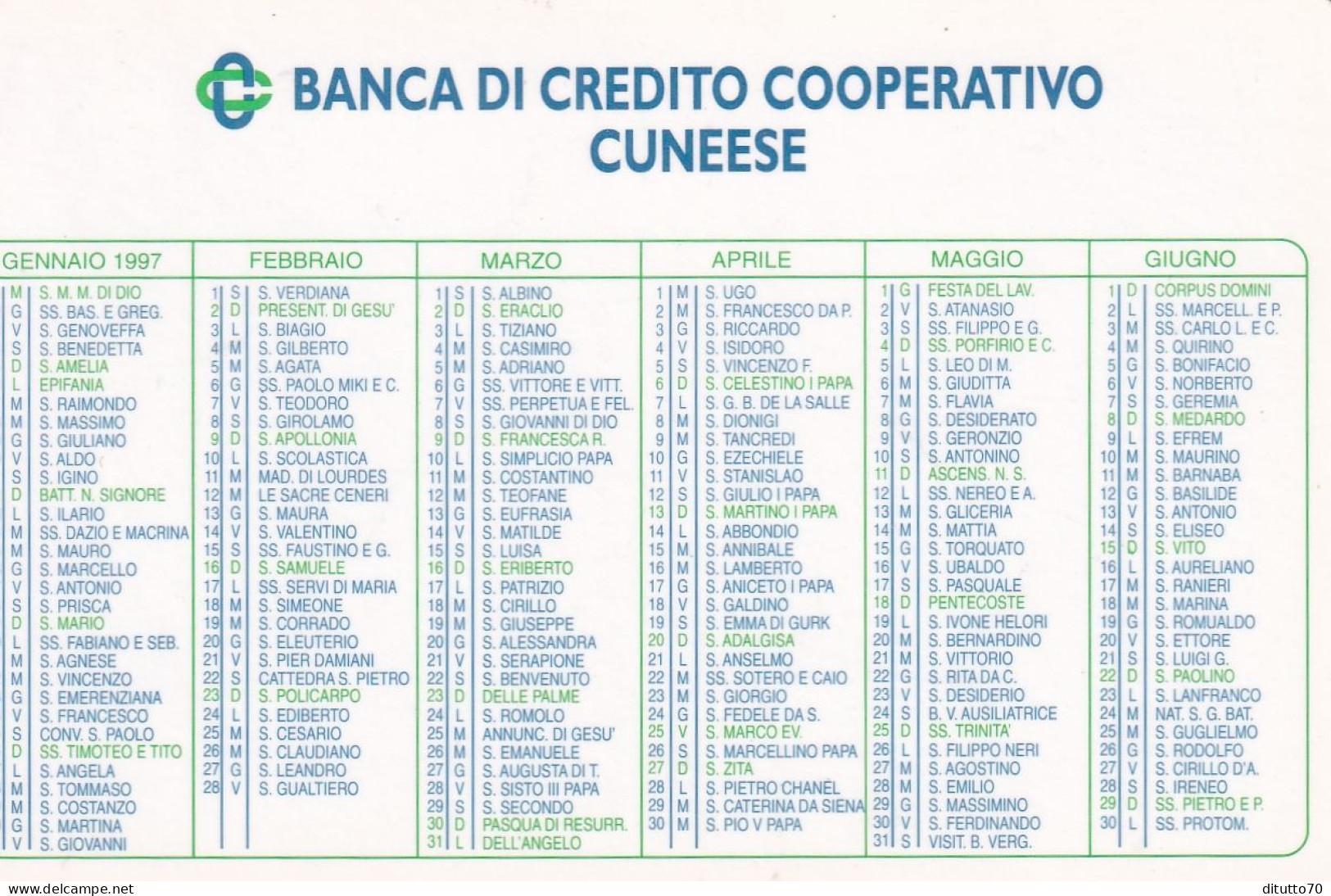 Calendarietto - Banca Di Credito Cooperativo Cuneese - Anno 1997 - Petit Format : 1991-00