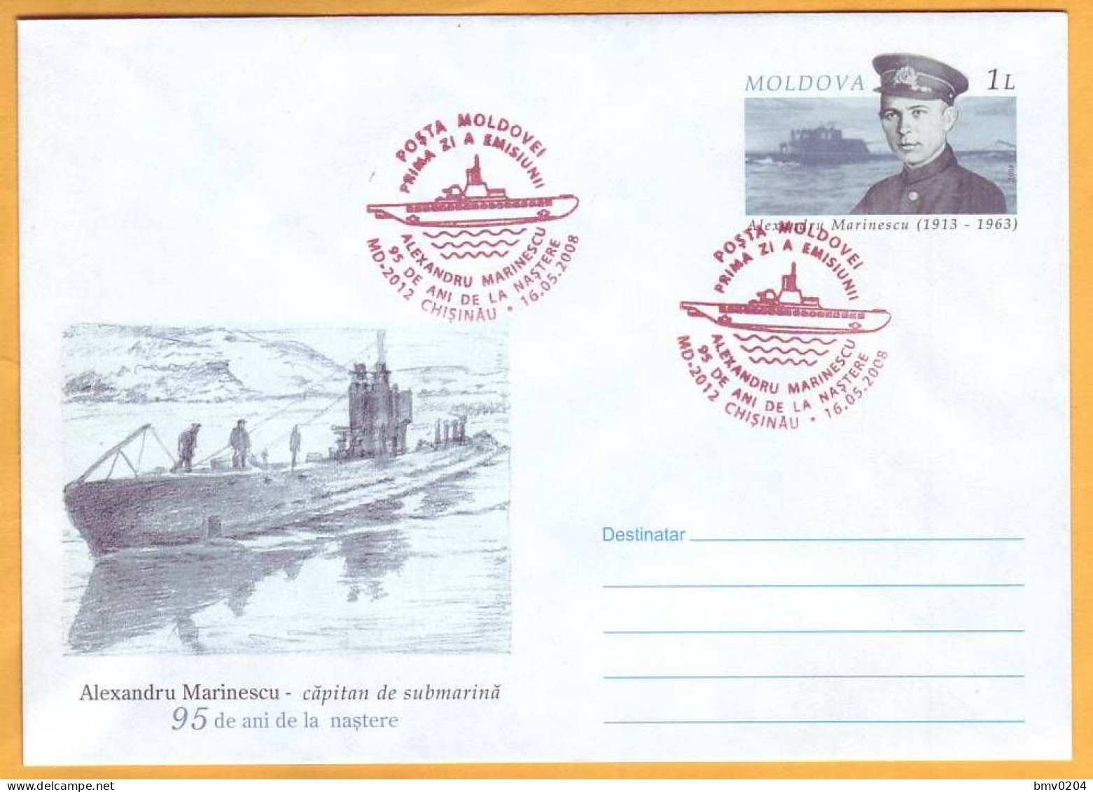2008 Moldova Moldavie  95 Years.  Marinescu  Marinesco Marinecko  Submarine. Envelope. - Moldavië