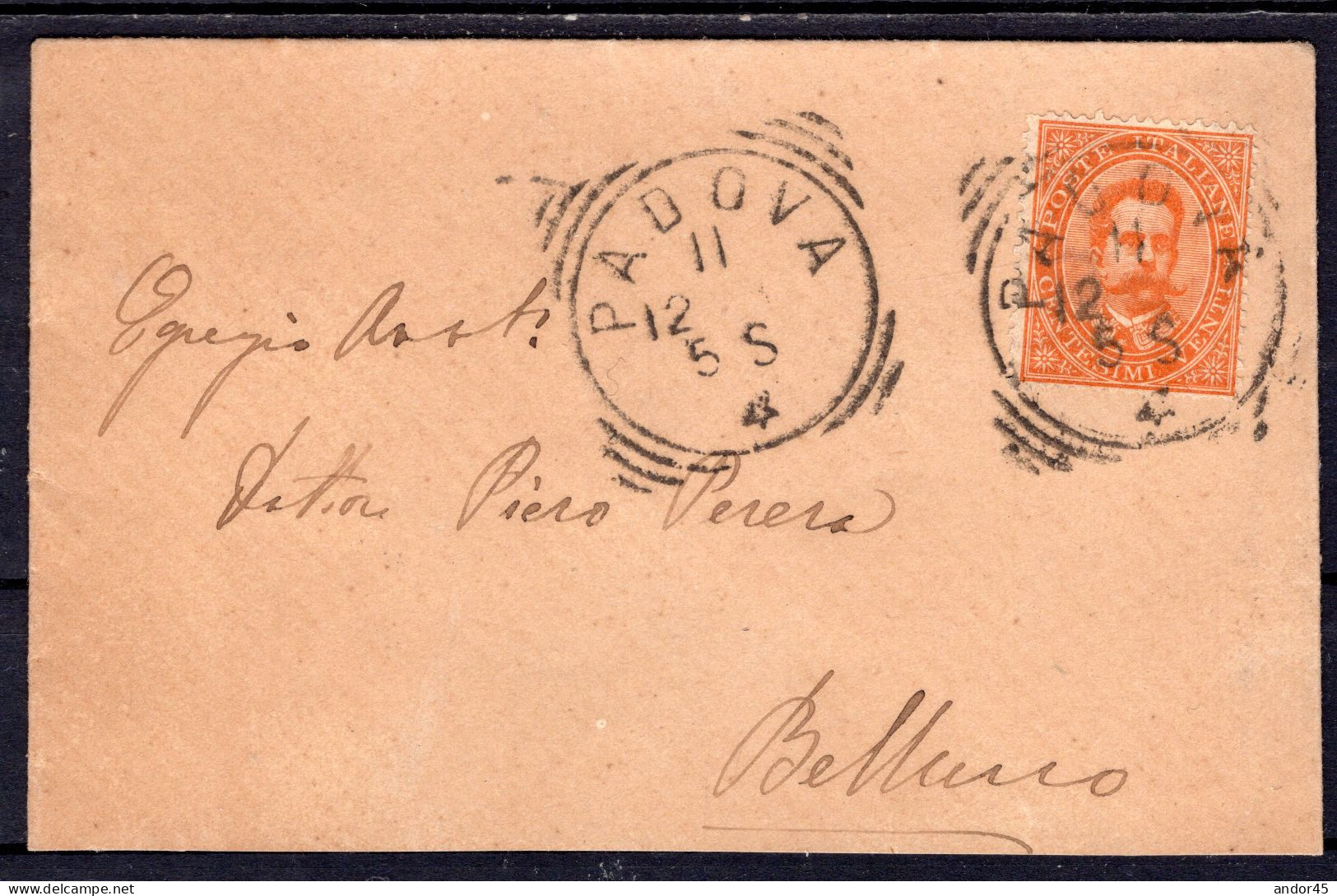 1882 11 DIC C.20 SASS.39 "EFFIGIE DI UMBERTO I"USATO SU BUSTA DA PADOVA X BELLUNO  MOLTO BELLA - Poststempel