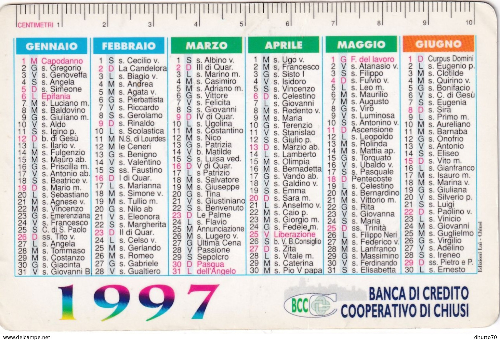 Calendarietto - Banca Di Credito Cooperativo Di Chiusi - Anno 1997 - Petit Format : 1991-00