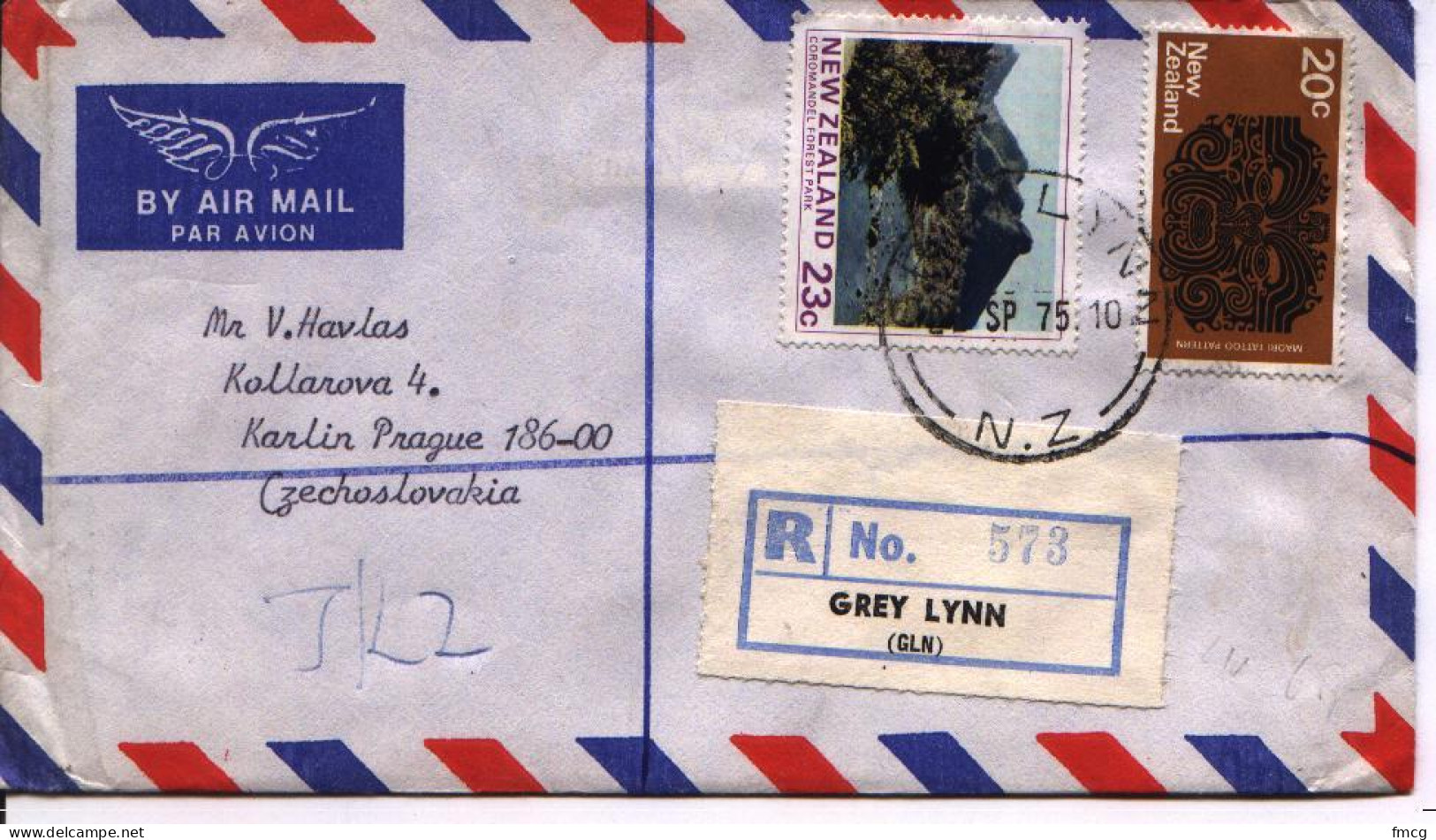 1975 Registered Cover Grey Lynn (22 Sp) To Czechoslovakia - Covers & Documents