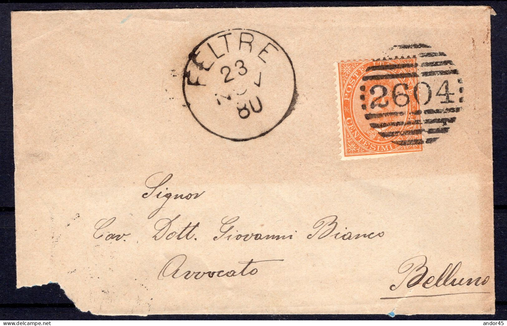 1880 23 NOV C.20 SASS.39 "EFFIGIE DI UMBERTO I"USATO SU BUSTA DA FELTRE  X BELLUNO  MOLTO BELLA - Poststempel