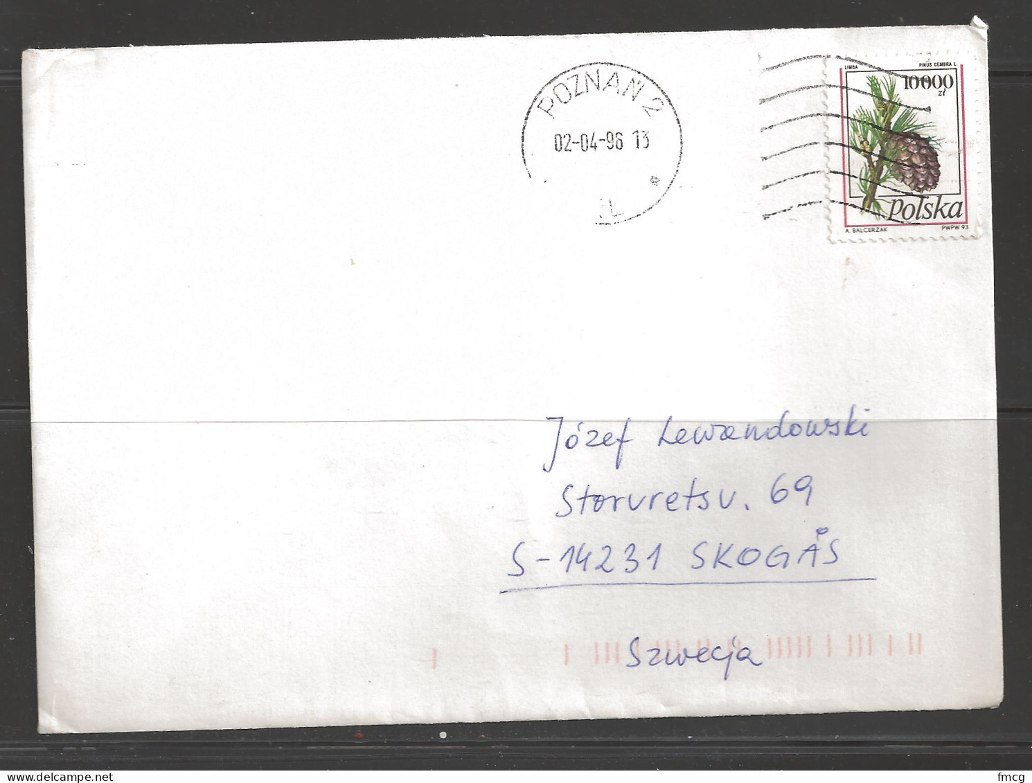 1996 10000zt Pine Cone, Poznan (02-04-96) To Sweden - Lettres & Documents