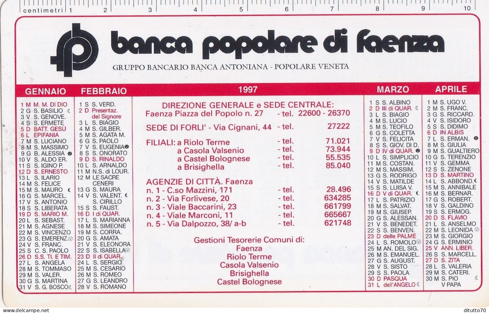 Calendarietto - Banca Popolare Di Faenza - Anno 1997 - Small : 1991-00