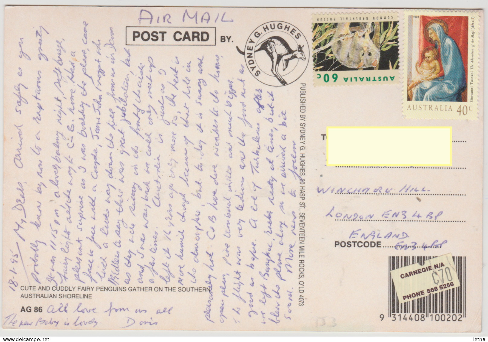 Australia VICTORIA VIC Cute Fairy Penguins PHILLIP ISLAND Hughes AG86 Postcard 1995 60c/40c Stamps - Other & Unclassified