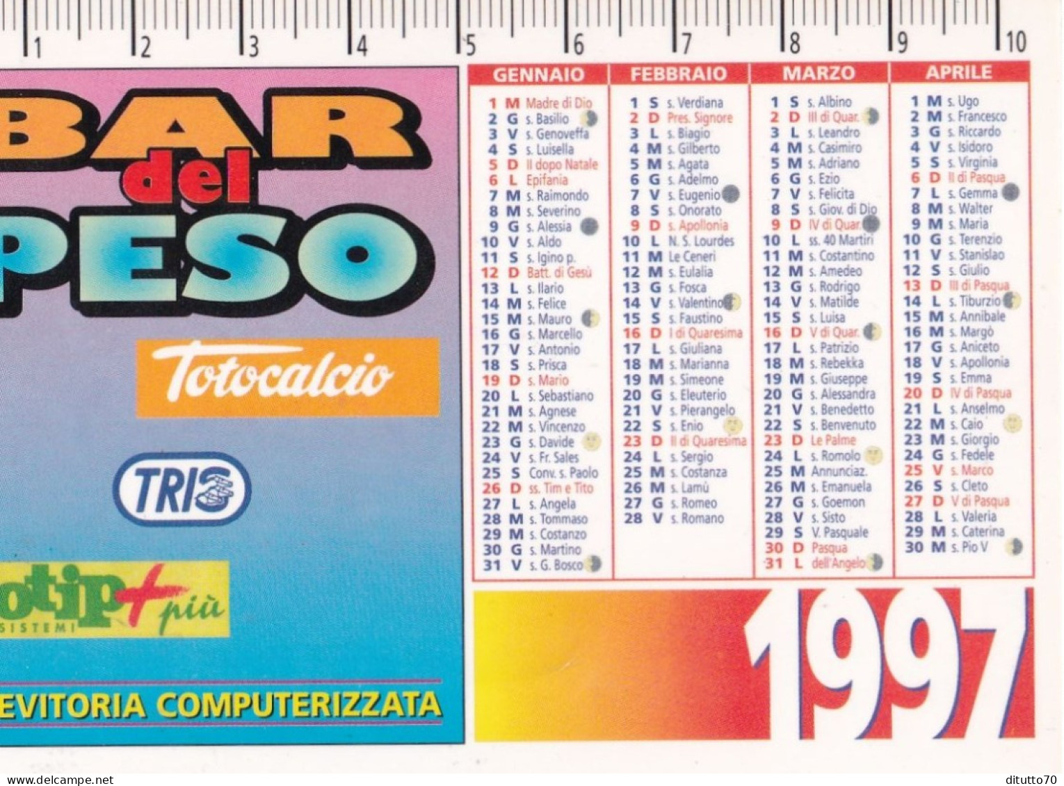 Calendarietto - Bar Del Peso - Totoclcio - Tris - Totip - Moncalieri - Torino - Anno 1997 - Small : 1991-00