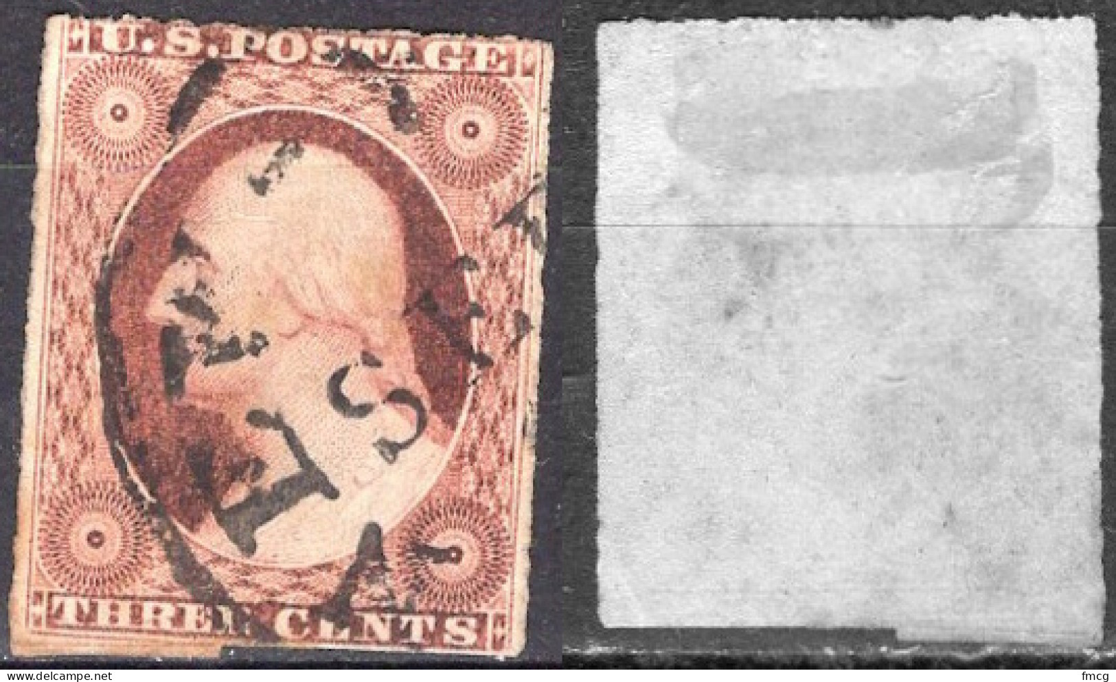 1851 3 Cents George Washington - Orange Brown, Imperforate, Used (Scott #10A) - Gebraucht